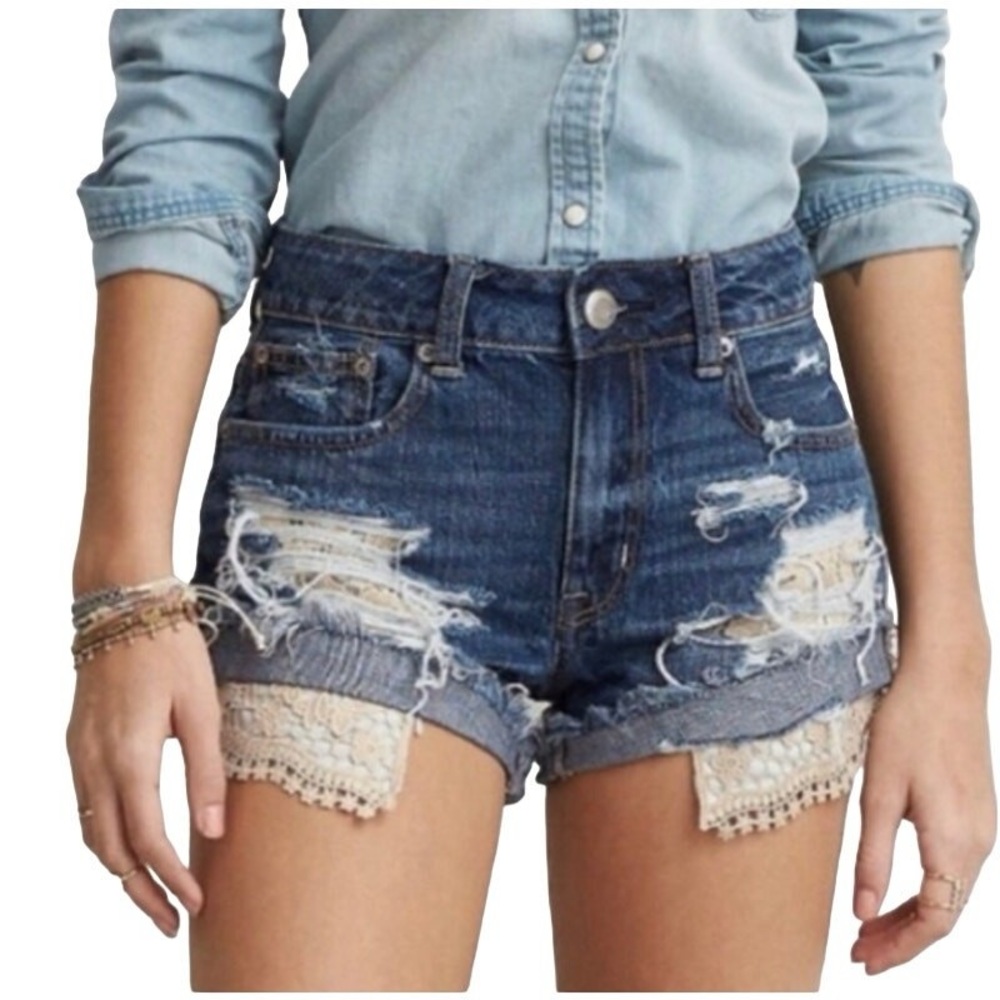 American Eagle Dark Blue Distressed Jean Shorts